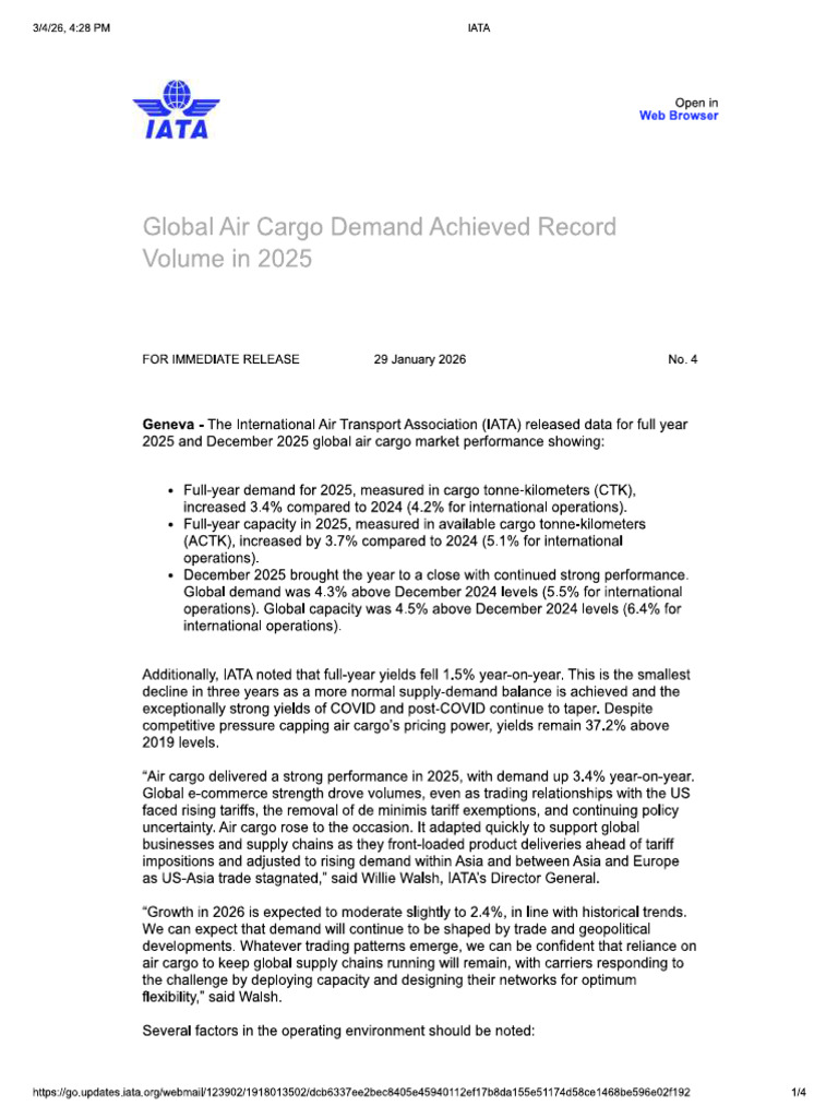 Global Air Cargo Demand 29 Jan 2026 | PDF