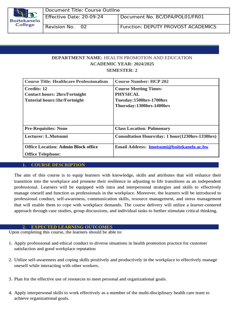 HCP Course Outline UPDATED 2025.doc - Updated | PDF | Learning | Skill