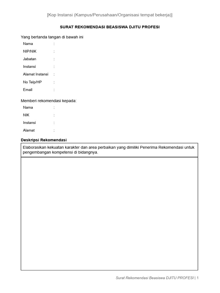 Contoh Format Surat Rekomendasi Beasiswa DJITU Profesi | PDF
