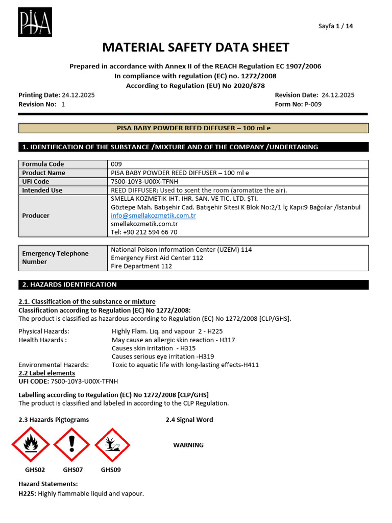 MSDS Eng 2025 - Pisa Baby Powder Reed Diffuser | PDF | Dangerous Goods ...