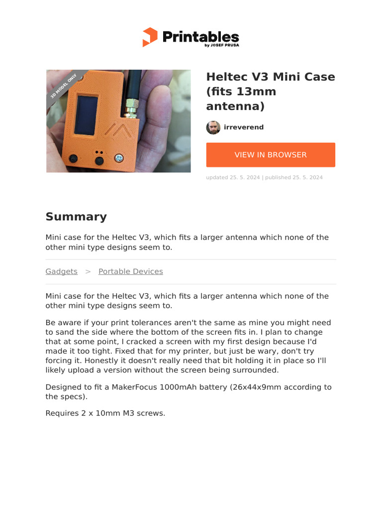 Heltec v3 Mini Case Fits 13mm Antenna | PDF
