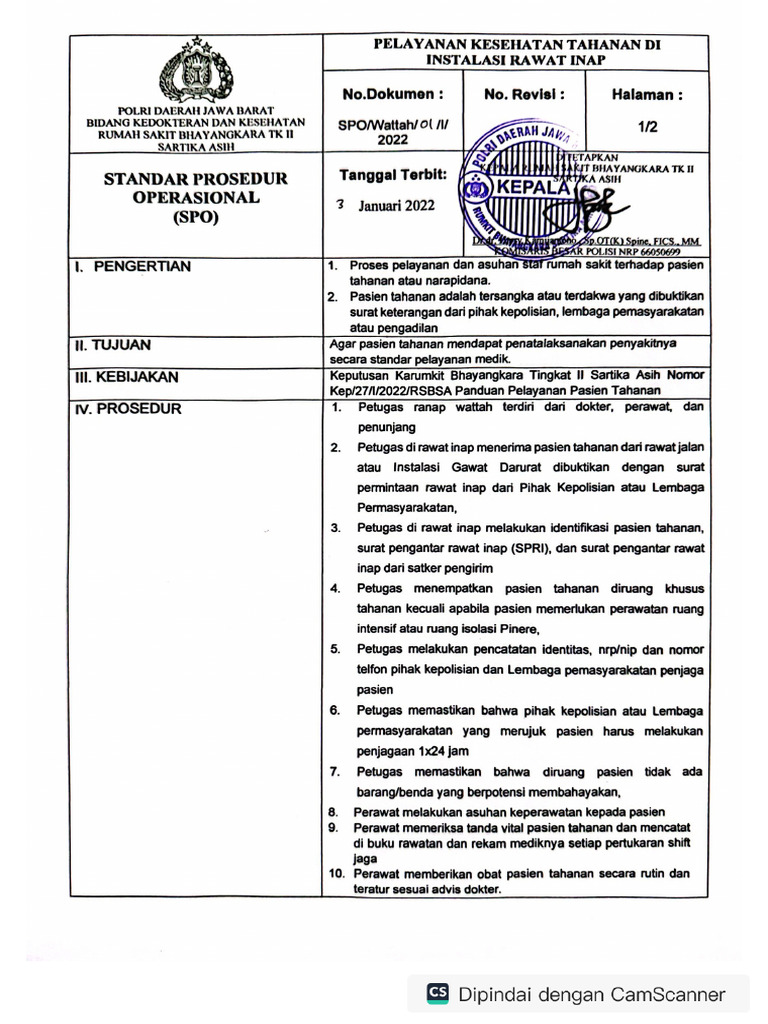 SOP Ranap Perawatan Tahanan | PDF