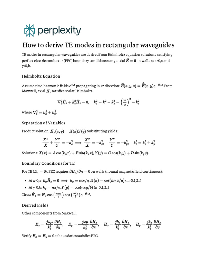 How To Derive TE Modes in Rectangular Waveguides | PDF