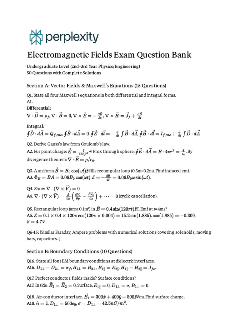 Electromagnetic Fields Exam Question Bank | PDF | Electromagnetic Field ...