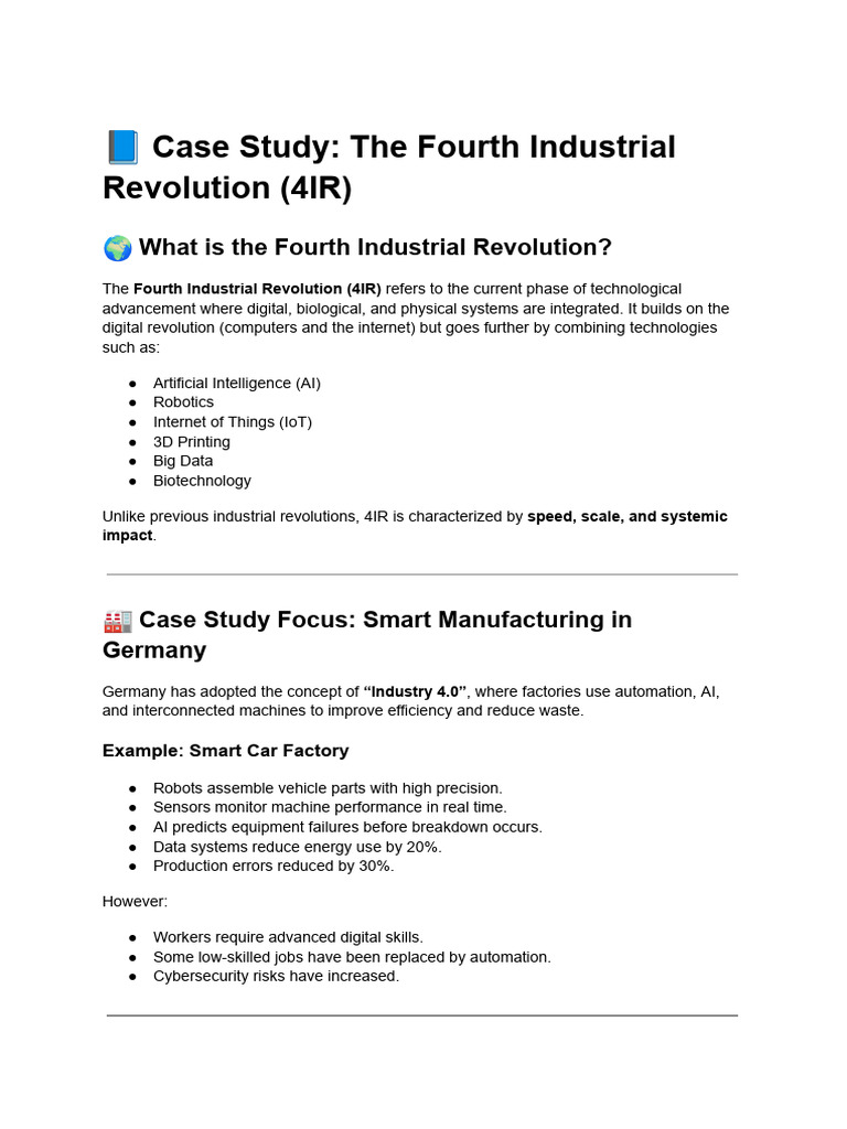 Worksheet - 1 - Case Study - The Fourth Industrial Revolution (4IR ...
