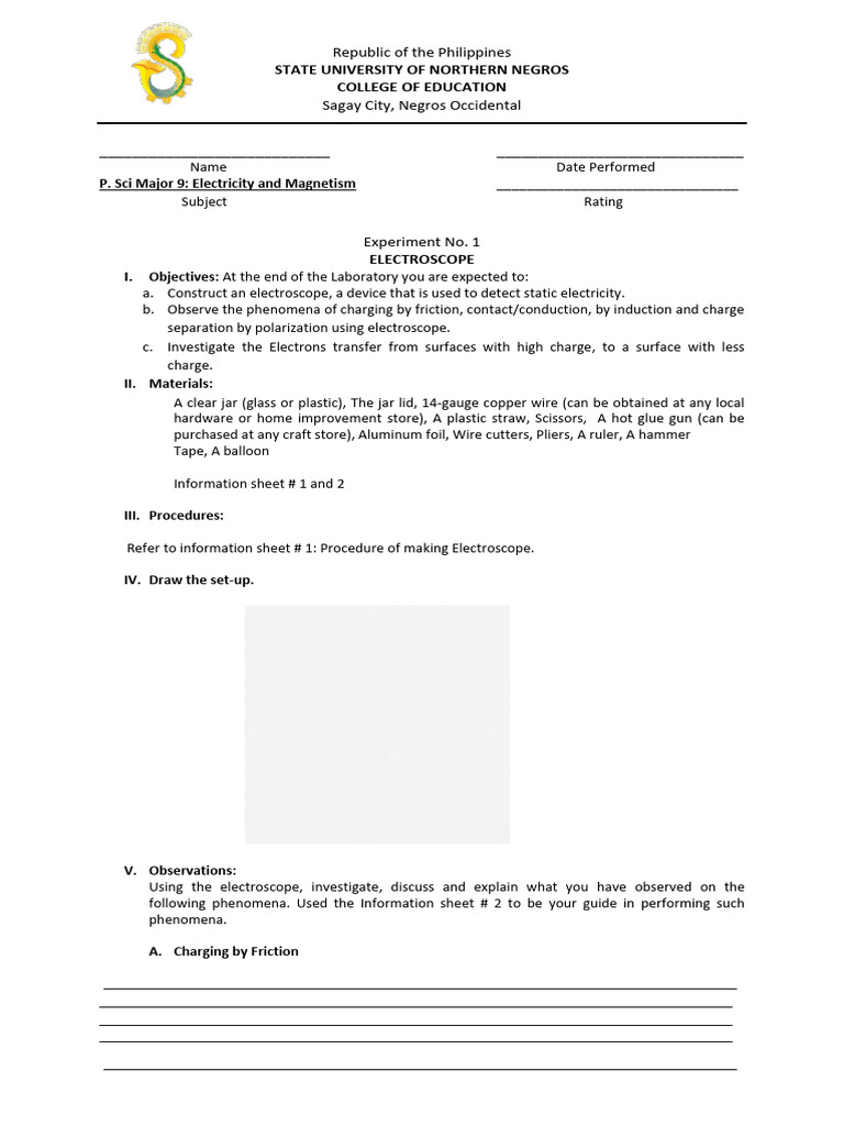 Laboratory Excercise 1. Electroscope | PDF | Electric Charge | Electricity