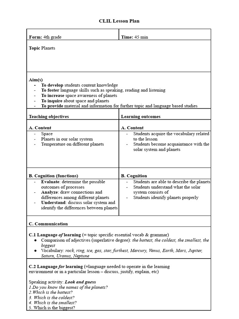 Clil Lesson Plan Template Example1 | PDF | Planets | Solar System