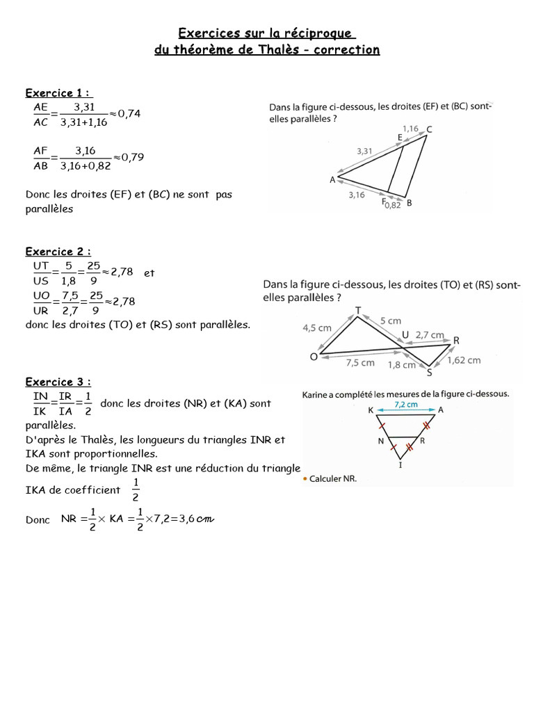 Exercices Réciproque de Thales Correction | PDF | Triangle | Géométrie ...