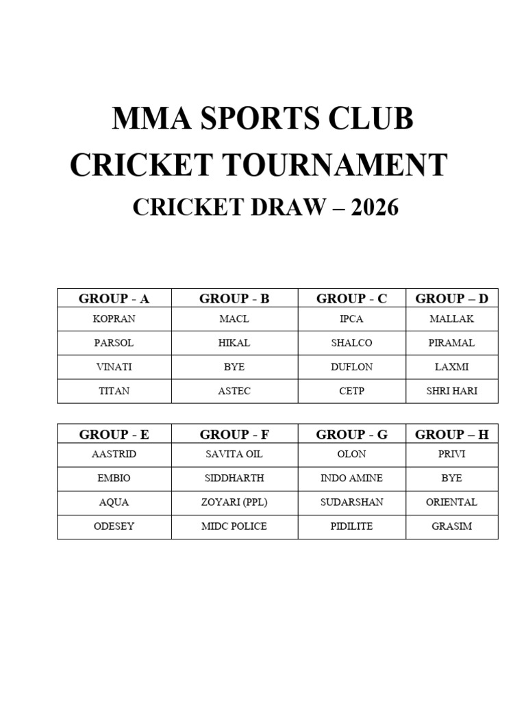 Cricket Tournament Time Table 2026 | PDF