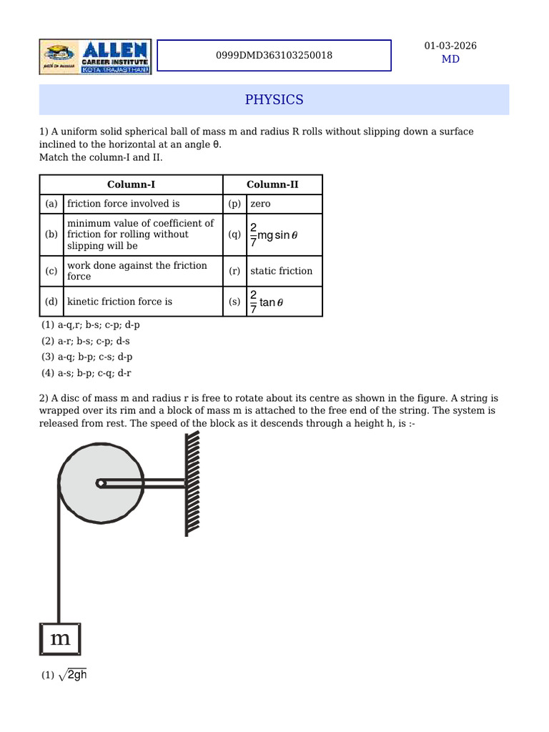 Allen Full Syllabus 1 | PDF | Force | Friction
