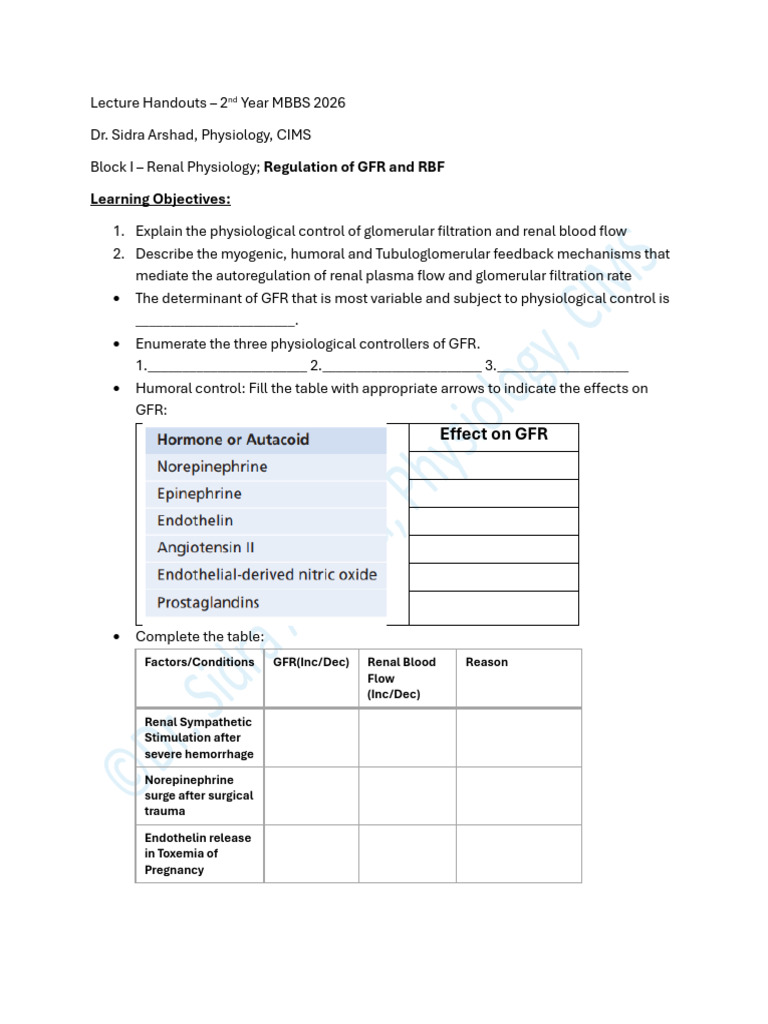 Regulation of GFR and RBF | PDF | Kidney | Clinical Medicine