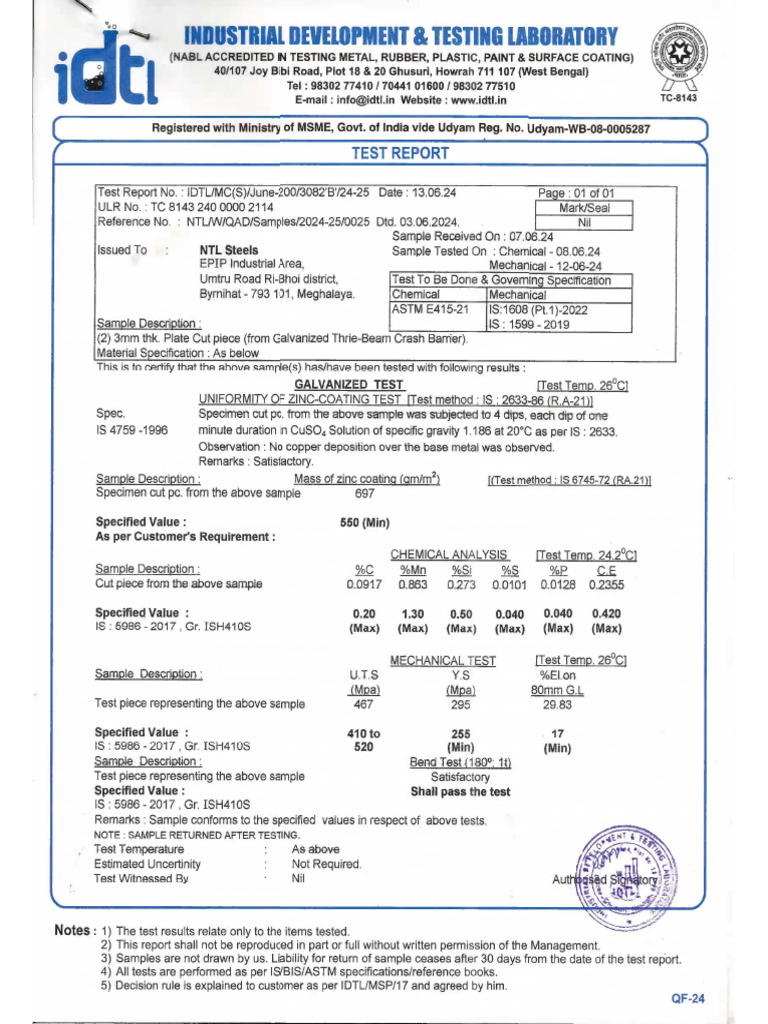 NTL Galvanized Coating Test | PDF