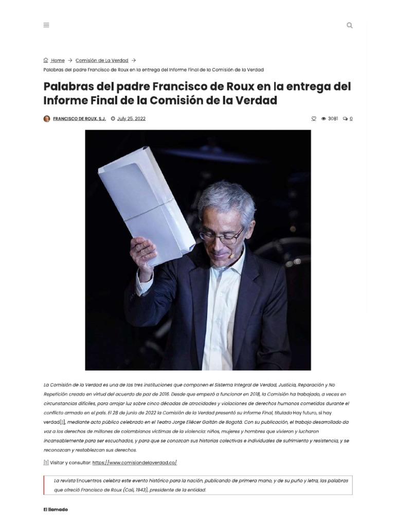 Palabras Del Padre Francisco Roux Informe de Comisión de La Verdad ...