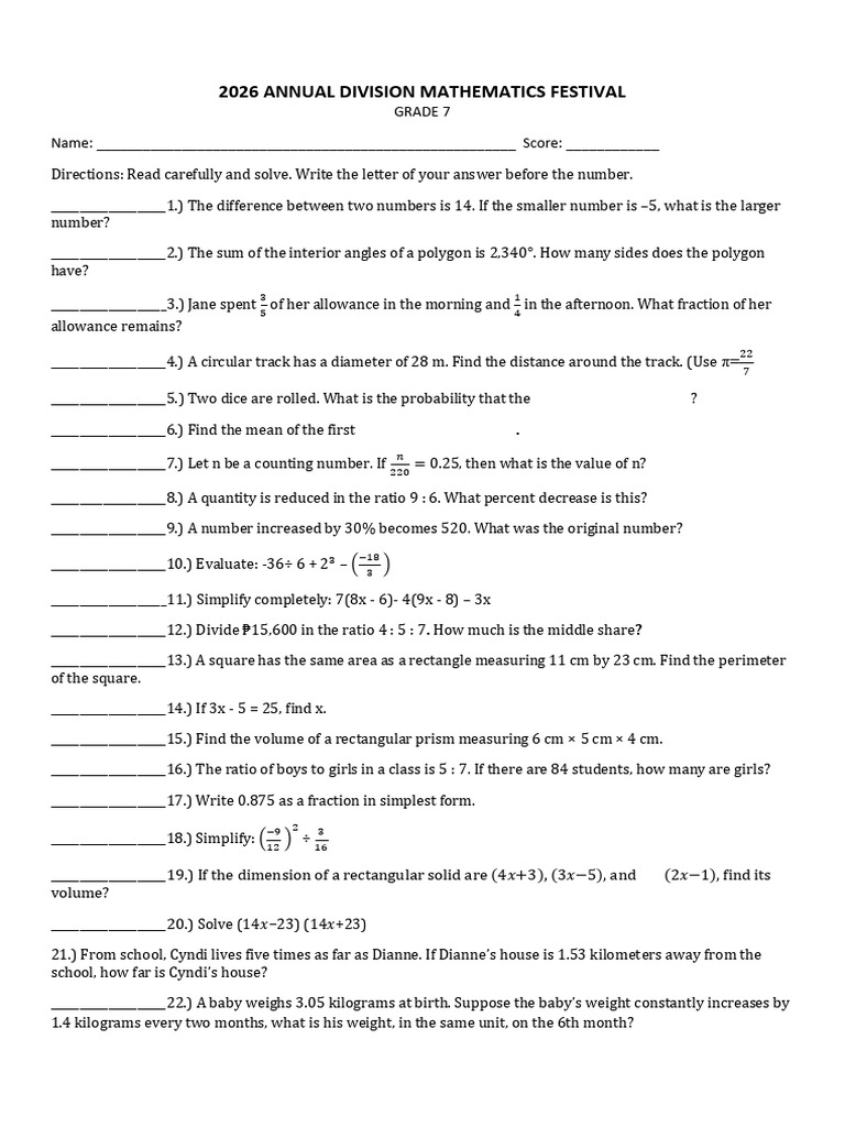 Grade 7 - Math Quiz | PDF | Area | Ratio