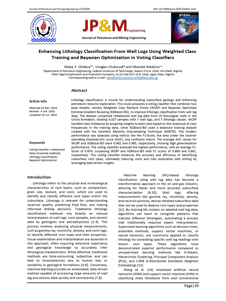 Enhancing Lithology Classification From Well Logs Using Weighted Class ...