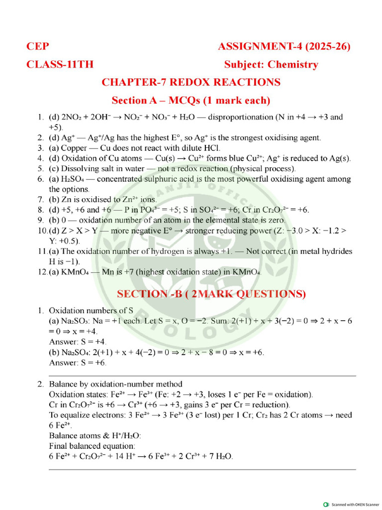 CHEM CEP ASSIGNMENT 4 Class 11 Solved | PDF