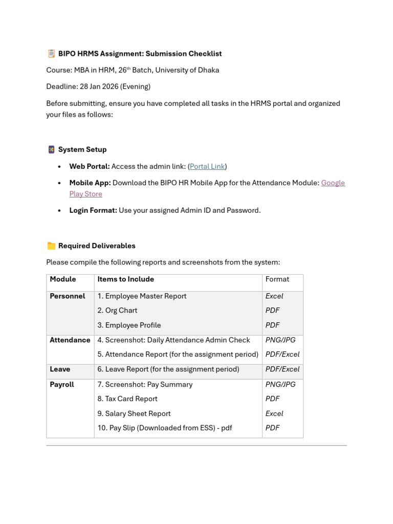BIPO HRMS Assignment Submission Checklist | PDF