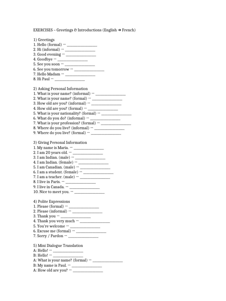 Greetings and Introductions Exercises | PDF