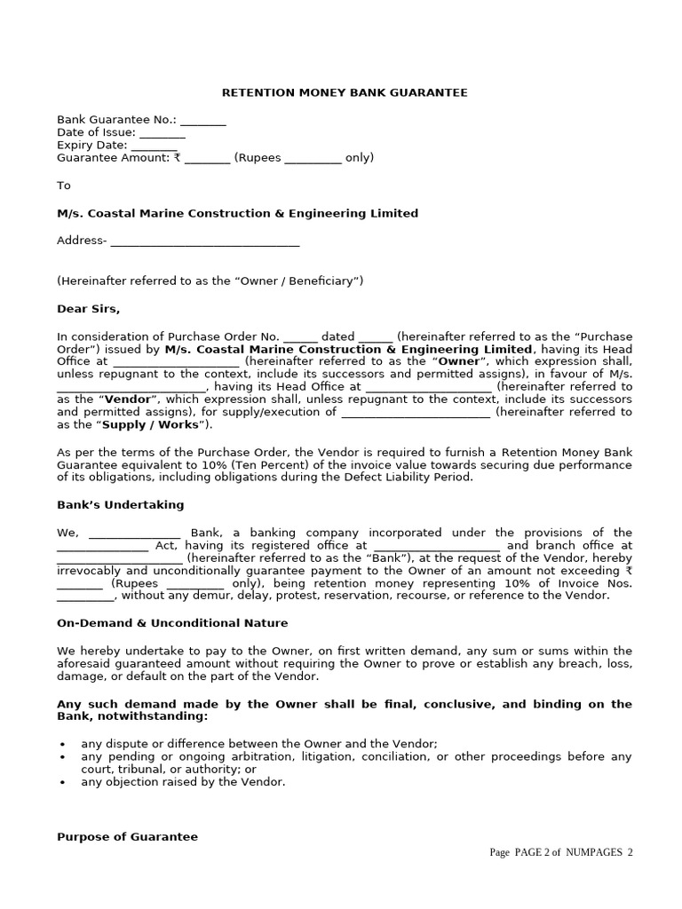 Retention Money Bank Guarantee Draft | PDF | Liquidation | Legal Liability