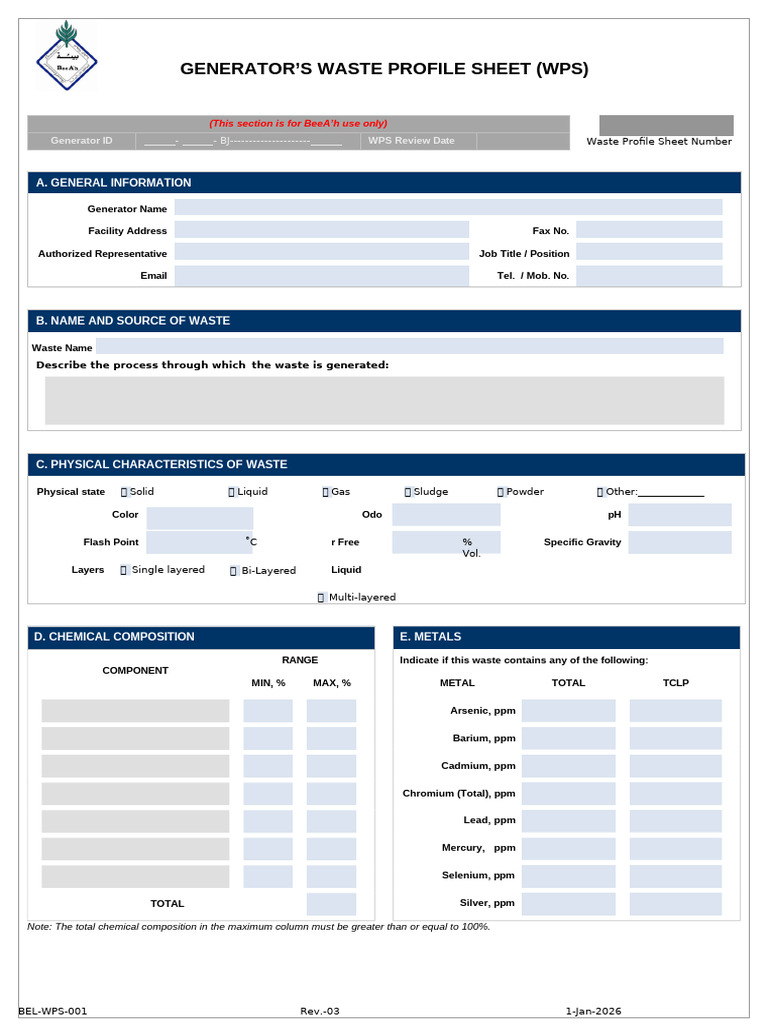 BEL-WPS-001 Waste Profile Sheet (WPS) (Rev.-03) | PDF | Waste | Materials