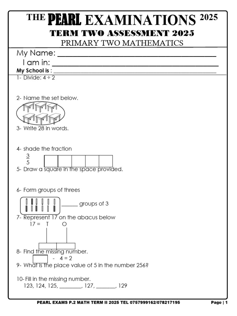 p2 Mathematics End of Term Two 2025 Exam Pearl Educ | PDF | Arithmetic ...