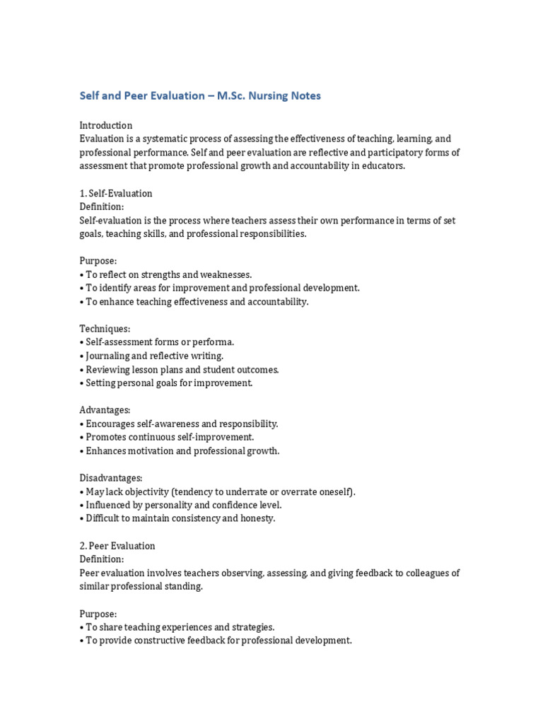 Self and Peer Evaluation MSC Nursing Notes | PDF
