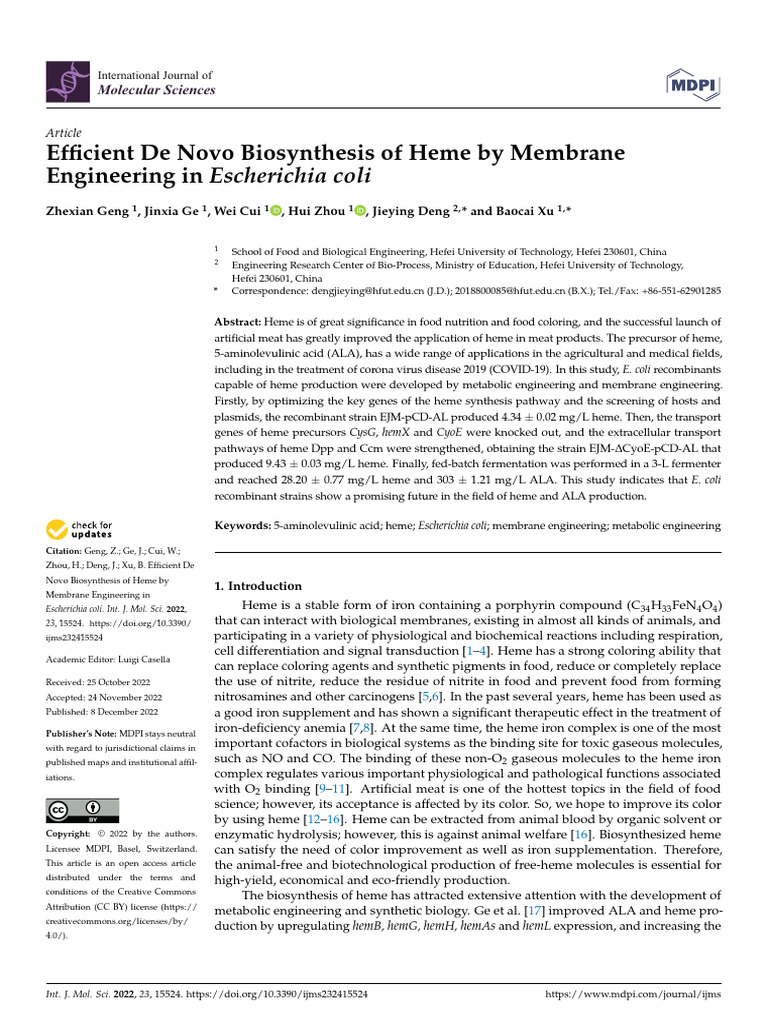 Efficient de Novo Biosynthesis of Heme by Membrane Engineering in E ...