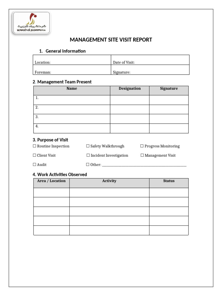 Management Site Visit Form With Safety Checklist | PDF | Chess | Chess ...