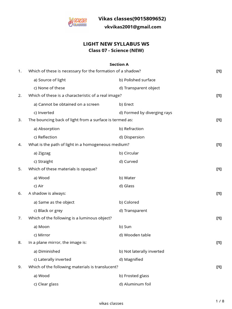 7 Light Question-2668641 | PDF | Mirror | Light