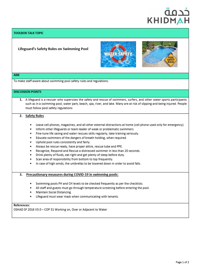 Lifeguard's Safety Rules On Swimming Pool - Toolbox Talk | PDF | Swimming