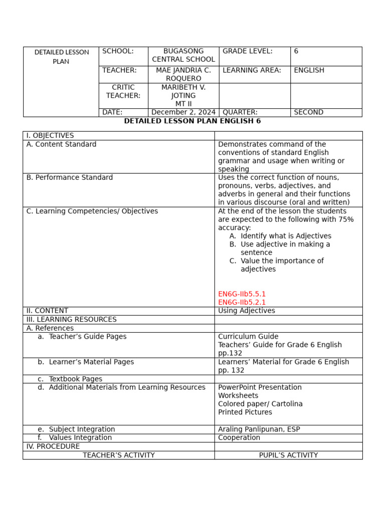 Detailed Lesson Plan 1 | PDF | Adjective | English Language