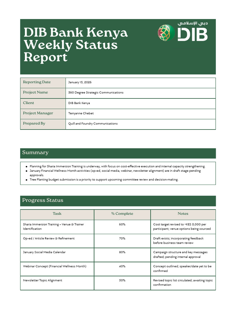 DIB Bank Weekly Project Status Report | PDF | Budget