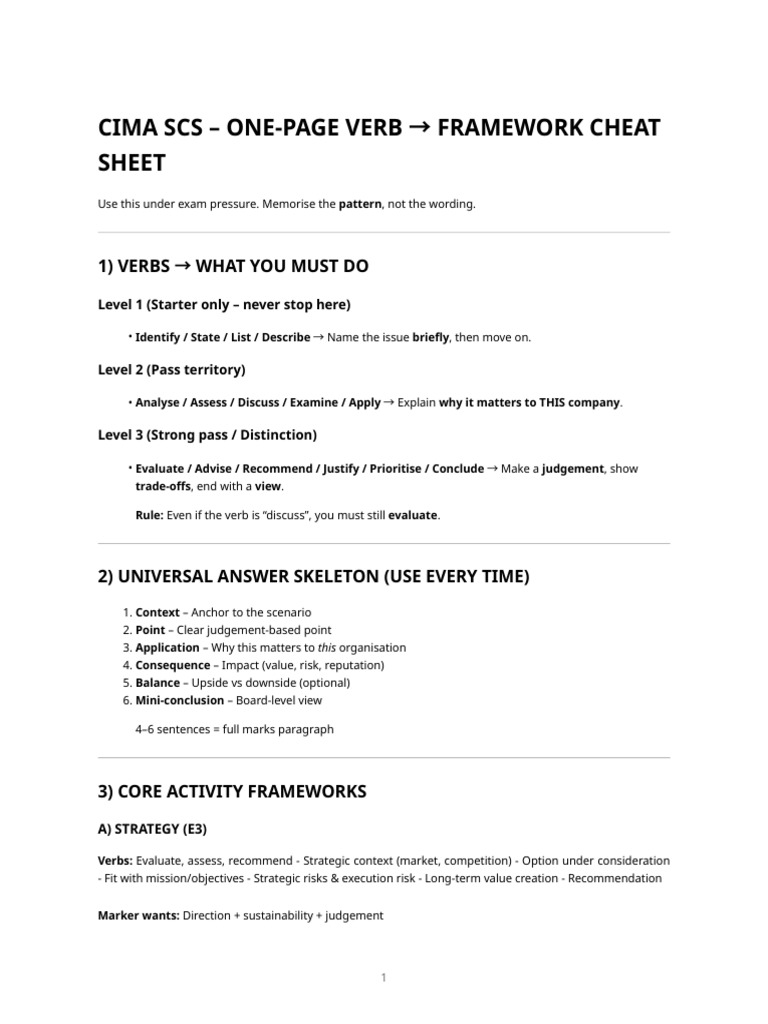 Cima Scs One-Page Verb-To-Framework Cheat Sheet | PDF | Risk | Business