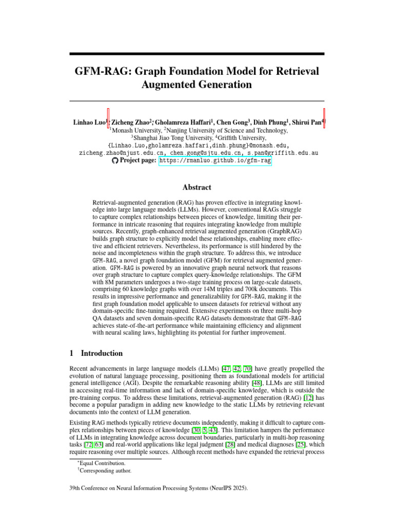 GFM-RAG: Graph Foundation Model For Retrieval Augmented Generation ...