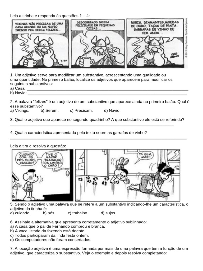 Leia A Tirinha e Responda Às Questões 1 - 4 | PDF | Adjetivo | Substantivo
