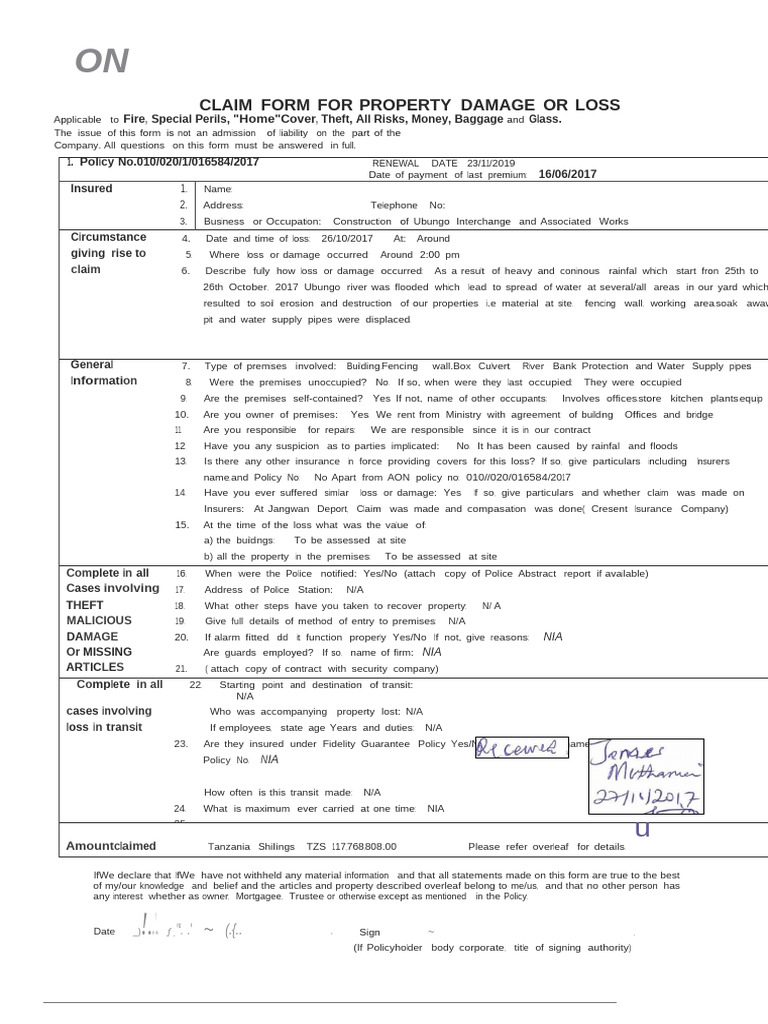 Claim Form For Property Damage or Loss | PDF | Insurance