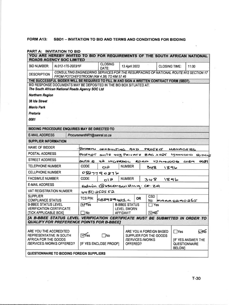 Form A13 - SBD 1 Invitation To Bid.. Replace With Appendix A | PDF