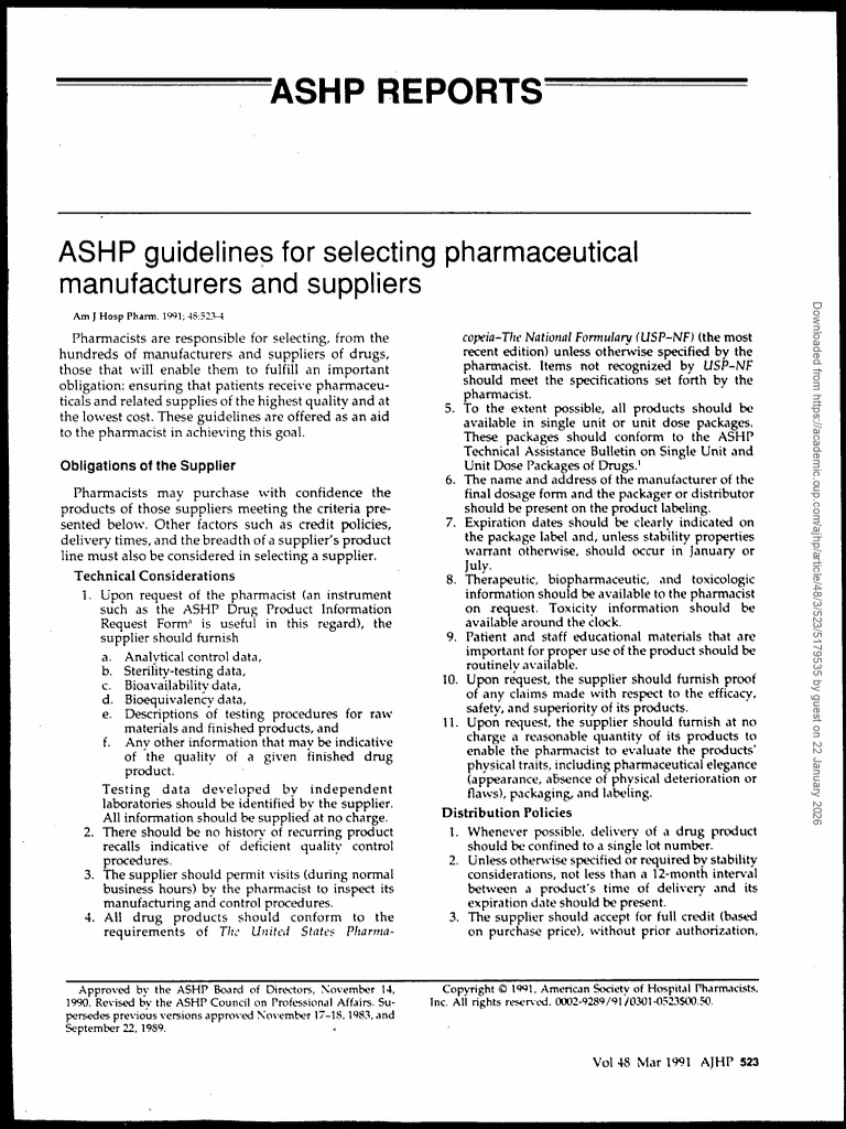 ASHP Guidelines For Selecting Pharmaceutical | PDF | Pharmacist ...