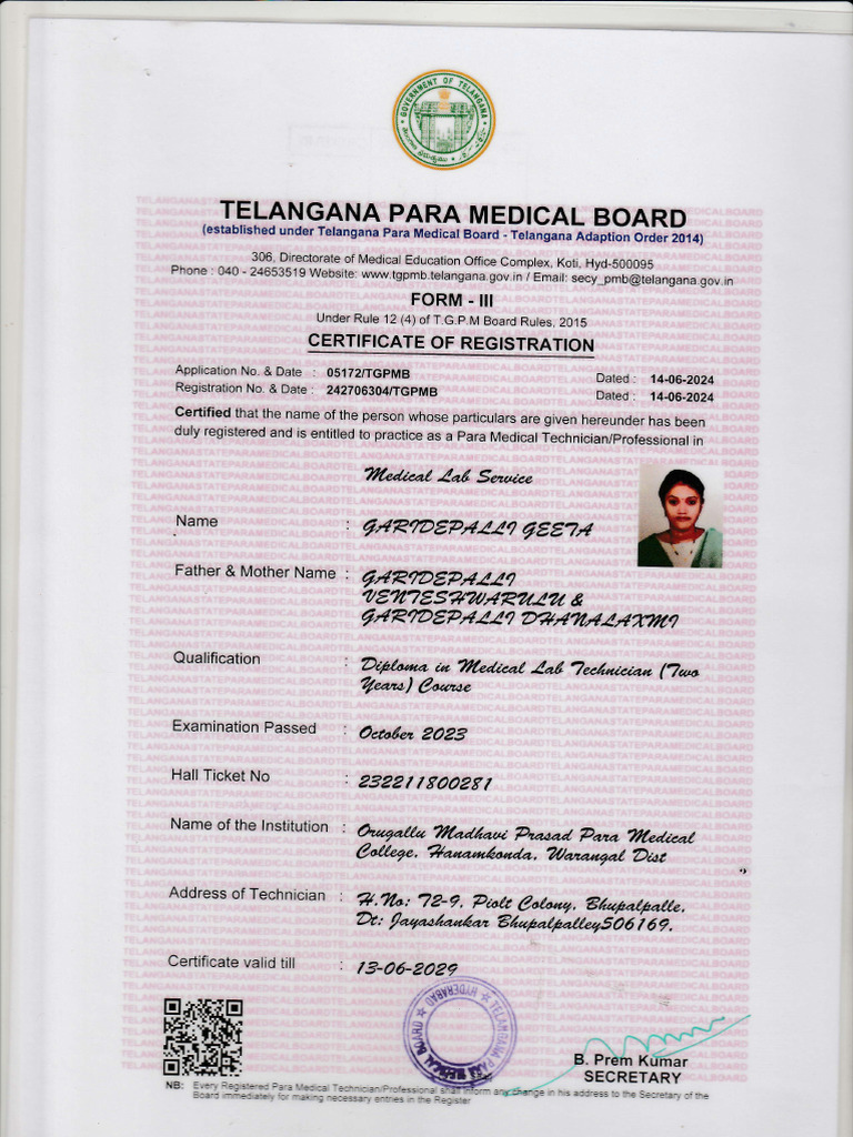 Geeta DMLT Registration Certificate | PDF