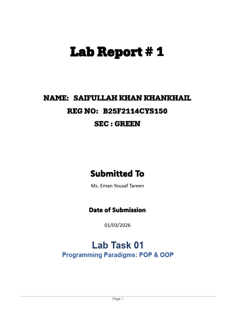 Lab Task 1.PDF Saifullah Cys 150 | PDF | Object Oriented Programming ...