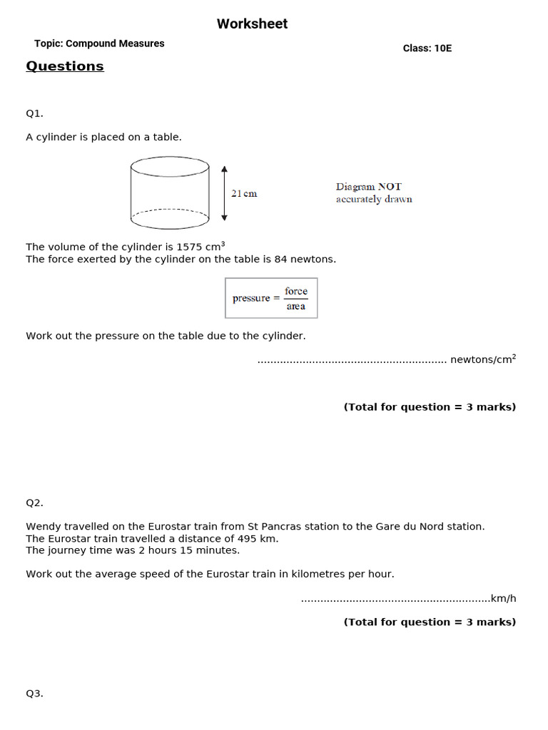 Worksheet Compound Measures | PDF | Litre | Speed