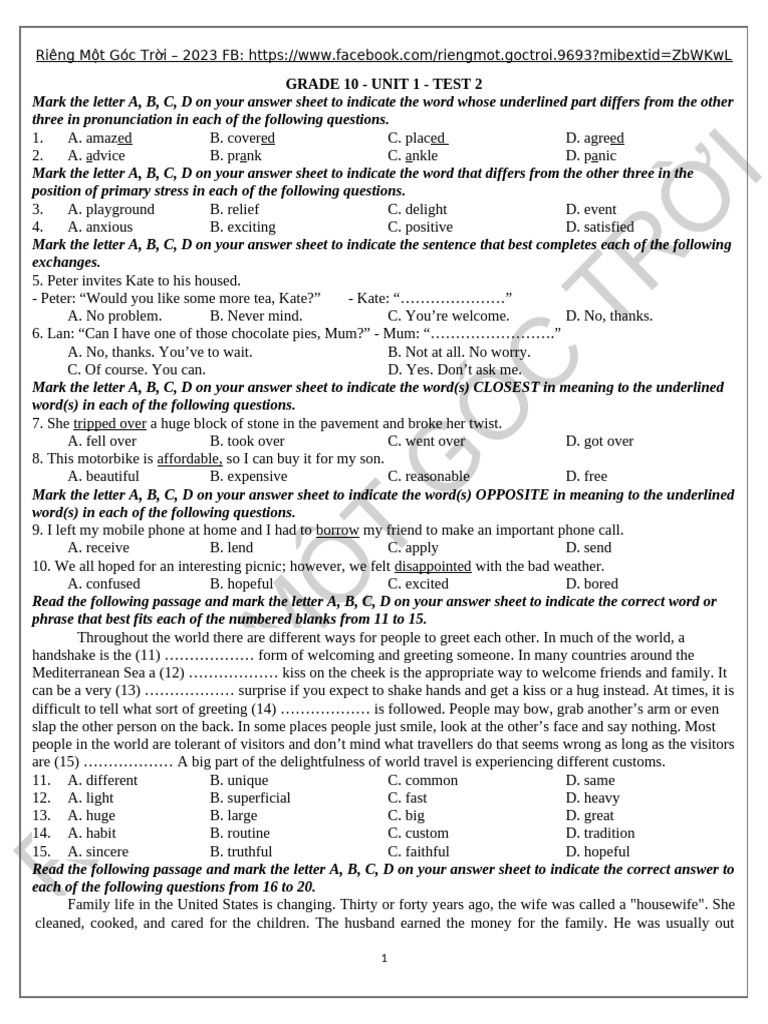 Grade 10 - Unit 1 - Test 2 - Đề | PDF | Housewife