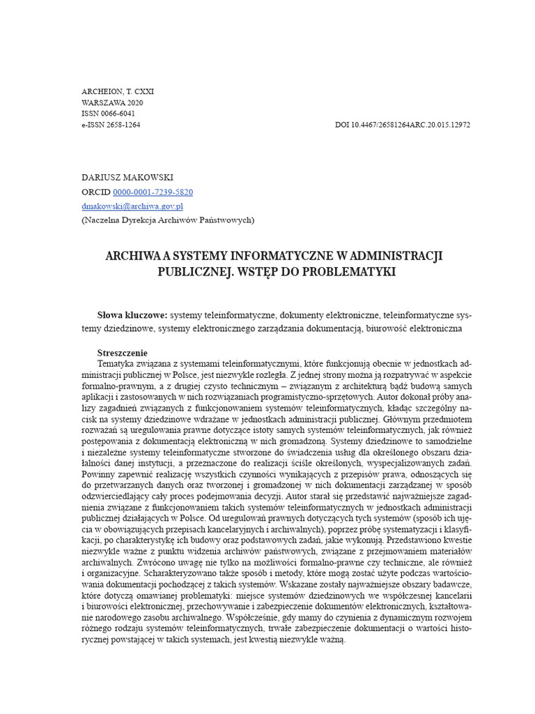 Archiwa A Systemy Informatyczne W A | PDF