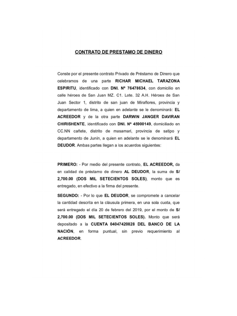 Contrato de Prestamo de Dinero | PDF