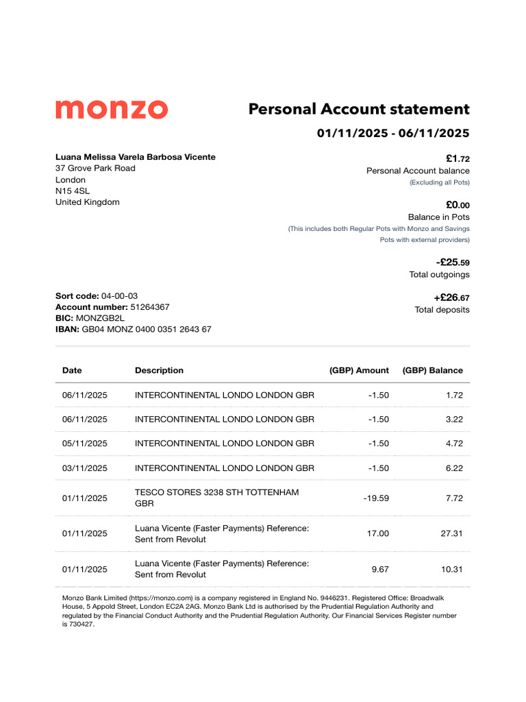 Monzo - Bank - Statement - 2025 11 01 2025 11 06 - 9754 | PDF ...