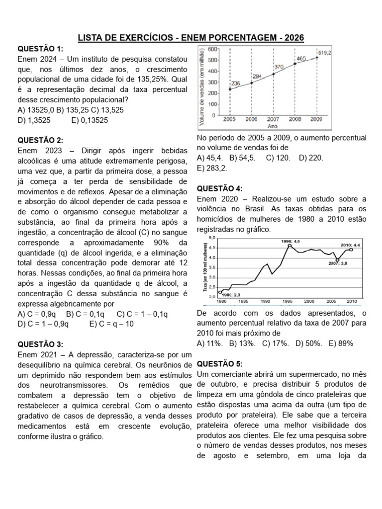 Lista de Exercícios - Enem Porcentagem - 2026 | PDF | Etanol | Opção ...