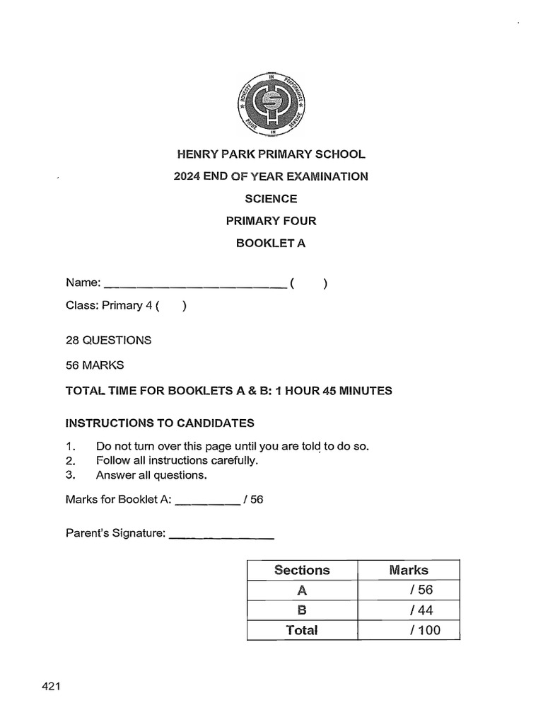 P4 Science EOY 2024 HenryPark Exam Papers | PDF