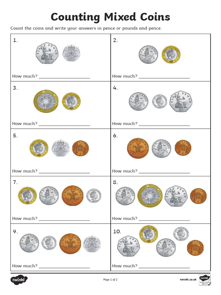Counting Mixed Coins Worksheets | PDF