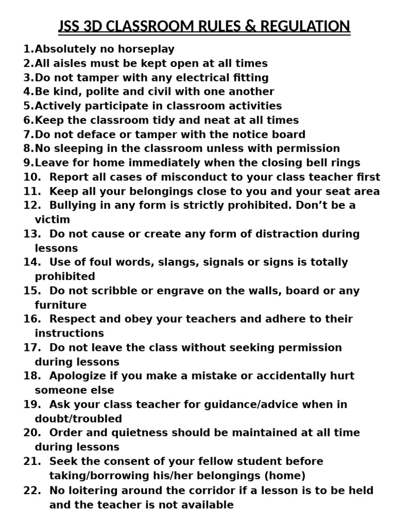Jss 3d Classroom Rules k | PDF