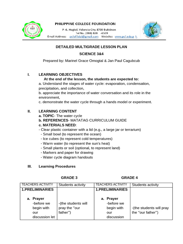 Detailed Multigrade Lesson Plan | PDF | Water | Precipitation